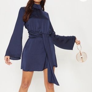 Navy Hammered Satin high neck Drape Bodycon Dress